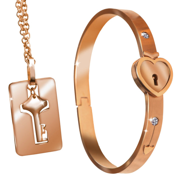 Cuffed Locking Bracelet and Key Necklace - Rose Gold - Royal Sins