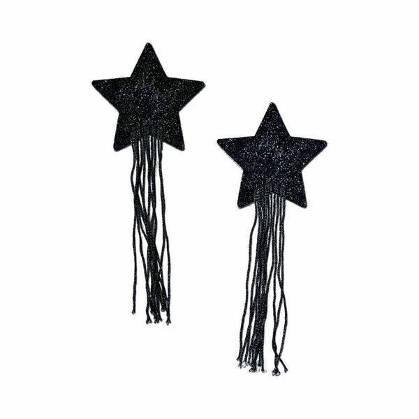 Tassel Pasties: Black Sparkle Star Pastease with Long Fringe Nipple Pasties - Royal Sins
