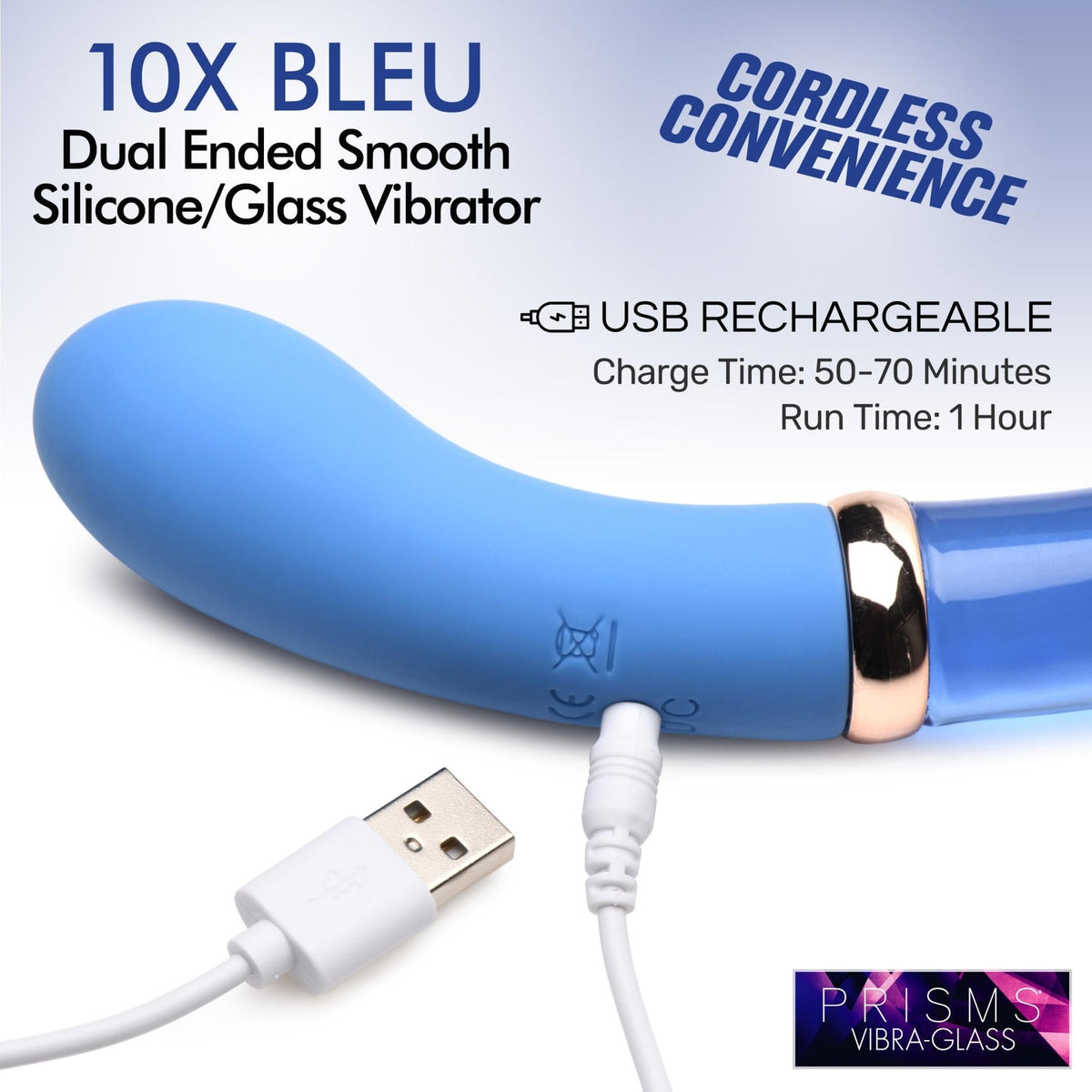 10X Bleu Dual Ended G - Spot Silicone and Glass Vibrator - Royal Sins