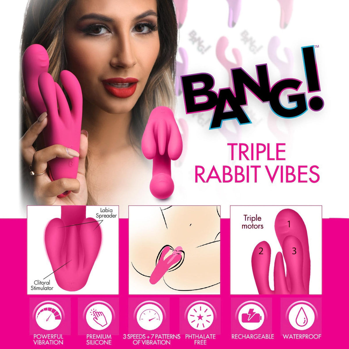 10X Triple Rabbit Silicone Vibrator - Pink - Royal Sins