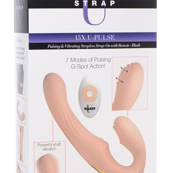 15X U - Pulse Silicone Pulsating and Vibrating Strapless Strap - on with Remote - Blush - Royal Sins