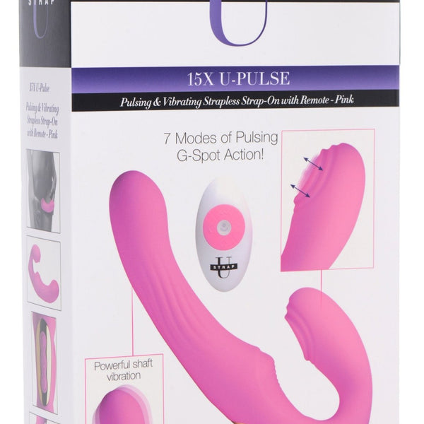 15X U - Pulse Silicone Pulsating and Vibrating Strapless Strap - on with Remote - Pink - Royal Sins