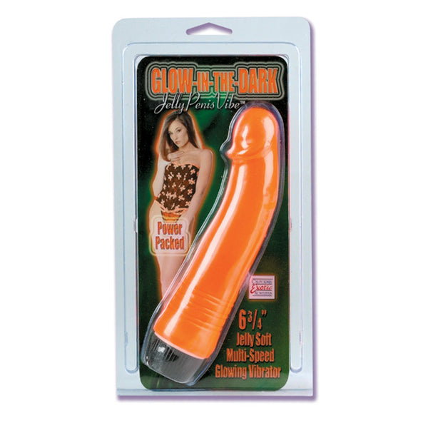 Glow In The Dark Jelly Penis Vibrator - Orange 6.75in