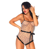 2 PC Lace trimmed sheer flocked star bodysuit with snap crotch and ribbon tie. Size M - Royal Sins
