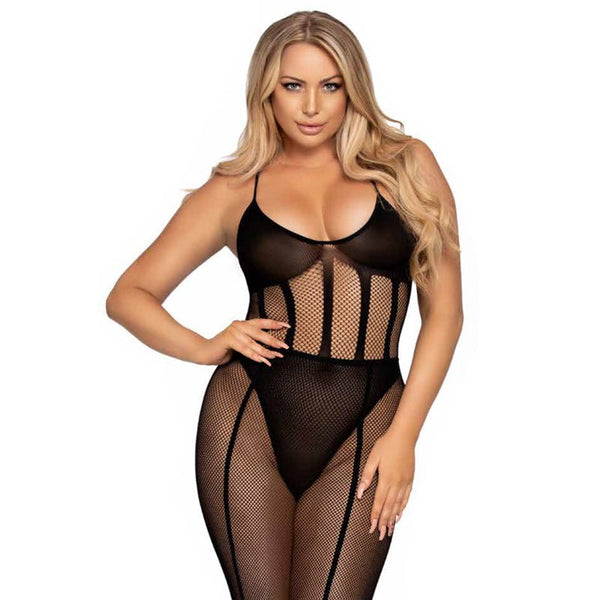2 PC Net and opaque bodysuit and matching skirt OS Black - Royal Sins