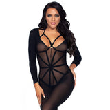 2 PC. Opaque Longsleeved Bodystocking with Harness Teddy Overlay OS Black - Royal Sins