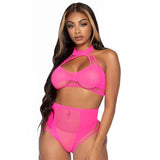 2pc Net Keyhole Halter Crop Top High Waist Bottom OS Neon Pink - Royal Sins