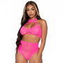 2pc Net Keyhole Halter Crop Top High Waist Bottom OS Neon Pink - Royal Sins