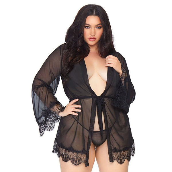 3 PC Sheer short robe with eyelash lace trim and flared sleeves, ribbon tie, and matching g - string. Packaging Hanging - Royal Sins