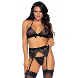 3 - Piece Eyelash Bra, Garter, and G - String Large Black - Royal Sins