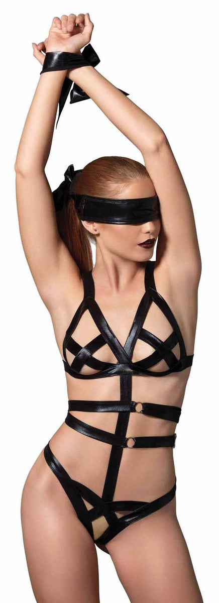 3 Piece Wet Look Bondage G - String Teddy with Restraints - Royal Sins