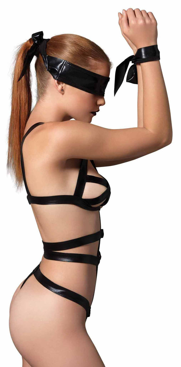 3 Piece Wet Look Bondage G - String Teddy with Restraints - Royal Sins