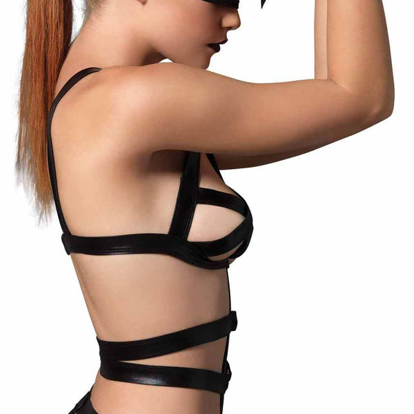 3 Piece Wet Look Bondage G - String Teddy with Restraints - Royal Sins