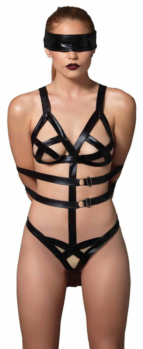 3 Piece Wet Look Bondage G - String Teddy with Restraints - Royal Sins