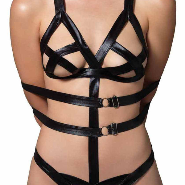 3 Piece Wet Look Bondage G - String Teddy with Restraints - Royal Sins