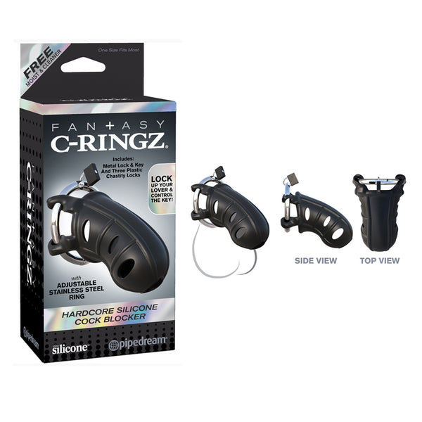 Pipedream Fantasy C-Ringz Hardcore Silicone Cock Blocker Locking Chastity Cage Black