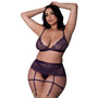 Magic Silk Leather & Lace Bralette, Garter Skirt & Thong Set Plum Queen Size