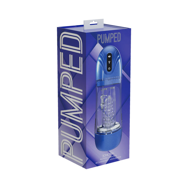 PUMPED SonicPull Masturbator Suction Vibration Multimedia Enhanced Metallic Blue