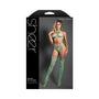 Fantasy Lingerie Sheer Heart Of Glass Lace Knit Halter Tie Top, G-String & Gartered Stockings Seaglass Green O/S