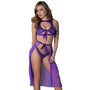 Magic Silk Glimmer High Neck Crop Top, Flowy Skirt & Tanga Set Purple Disco L/XL