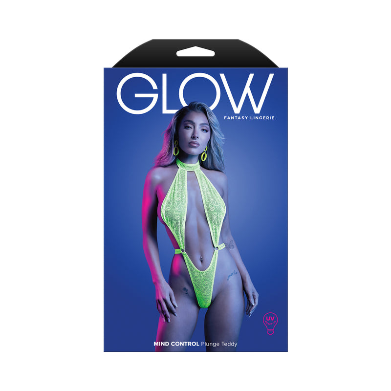 Fantasy Lingerie Glow Mind Control UV Reactive Lace Halter Plunge Teddy L/XL