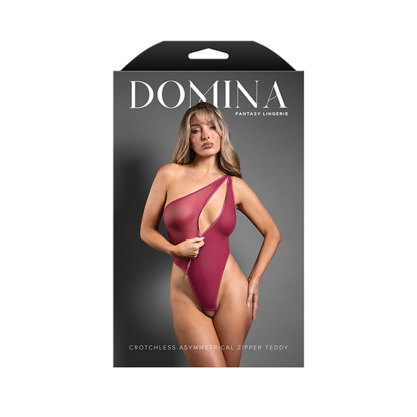 Fantasy Lingerie Domina Crotchless One-Shoulder Teddy with Asymmetrical Front Zipper Berry S/M