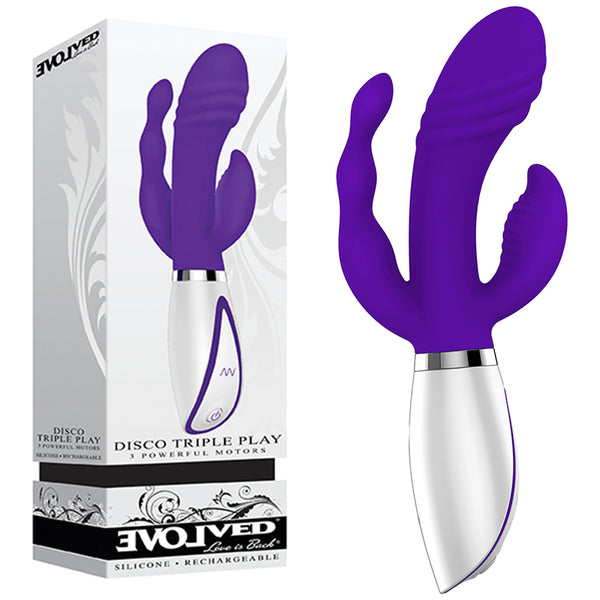 Evolved Disco Triple Play Rechargeable Dual Entry Triple Stimulation Silicone Vibrator Purple