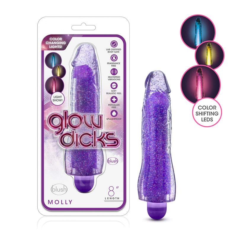 Blush Glow Dicks Molly Color Changing 8 in. Vibrating Dildo Glitter Purple