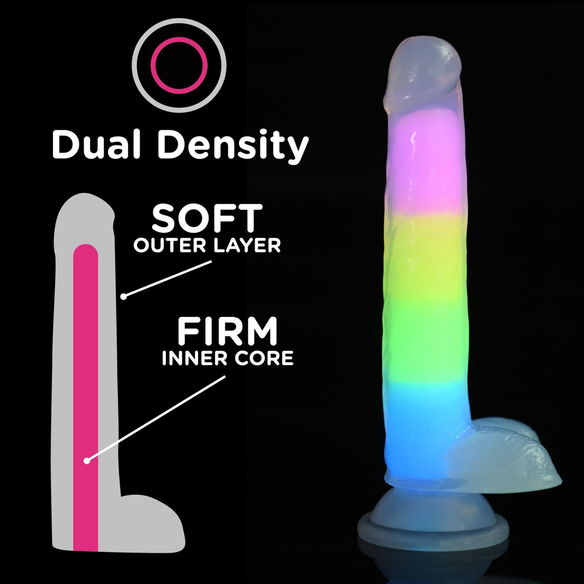 7 Inch Glow - in - the - Dark Rainbow Silicone Dildo with Balls - Royal Sins