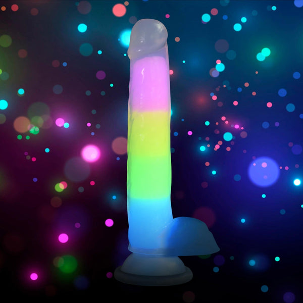 7 Inch Glow - in - the - Dark Rainbow Silicone Dildo with Balls - Royal Sins