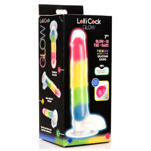 7 Inch Glow - in - the - Dark Rainbow Silicone Dildo with Balls - Royal Sins