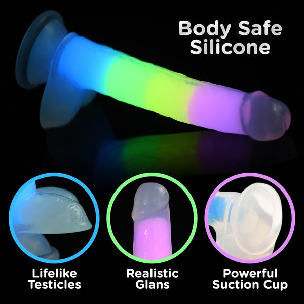 7 Inch Glow - in - the - Dark Rainbow Silicone Dildo with Balls - Royal Sins