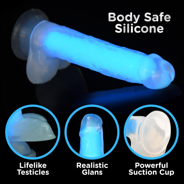 7 Inch Glow - in - the - Dark Silicone Dildo with Balls - Blue - Royal Sins