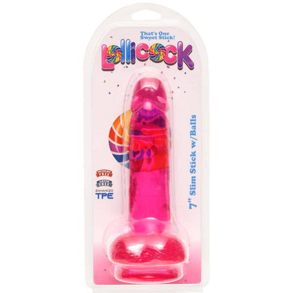 7 Inch Slim Stick with Balls Cherry Ice Dildo - Royal Sins