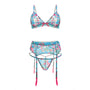 Turquoise Seas Floral Mesh Bralette Garter Belt and G String S/M