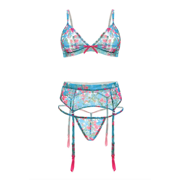 Turquoise Seas Floral Mesh Bralette Garter Belt and G String L/XL