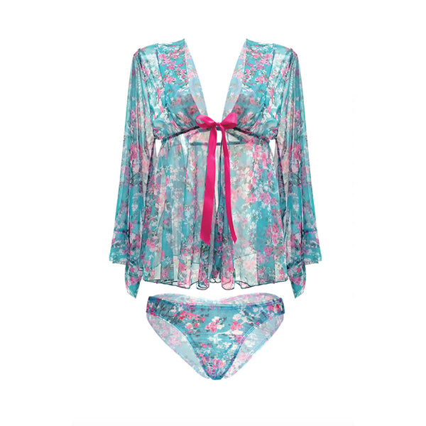 MAI TAI KIMONO SLEEVE ROBE & PANTY SET M/L TURQUOISE