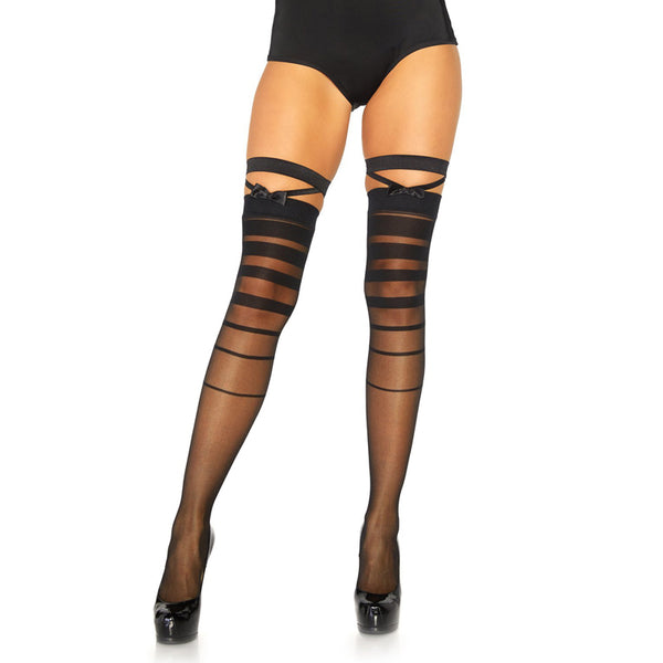 Spandex sheer halftone striped thigh highs with bow and garter detail.