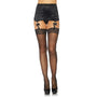 Sheer lace top stockings with rhinestone backseam and mini bow accent.
