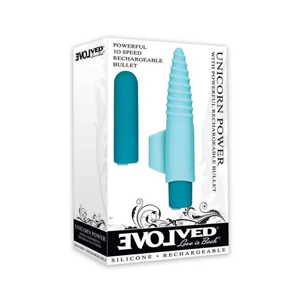 Evolved Unicorn Power Bullet Vibrator With Unicorn Horn Sleeve Finger Ring Blue