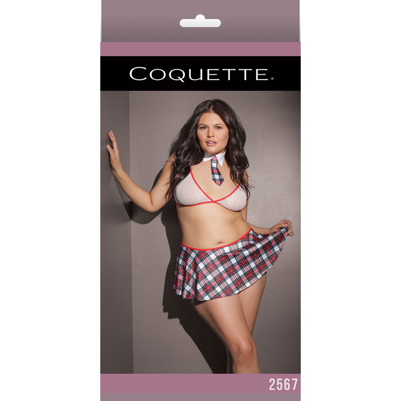School Girl Fishnet Bralette W/ Plaid Knit Skirt & Collar White/Red XL