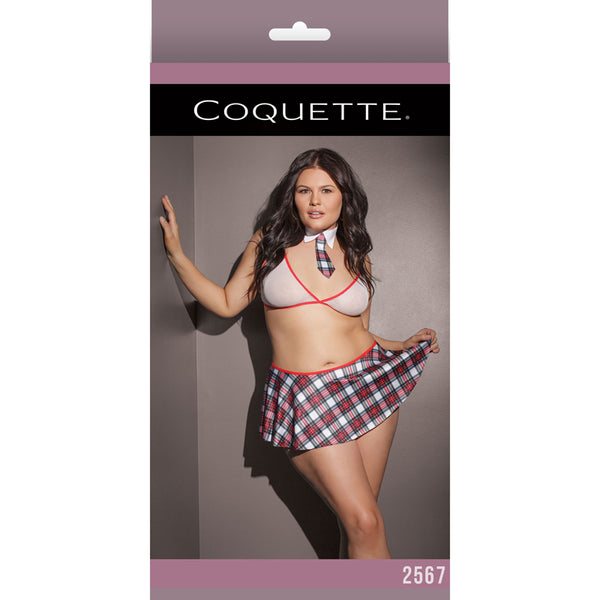 School Girl Fishnet Bralette W/ Plaid Knit Skirt & Collar White/Red XL