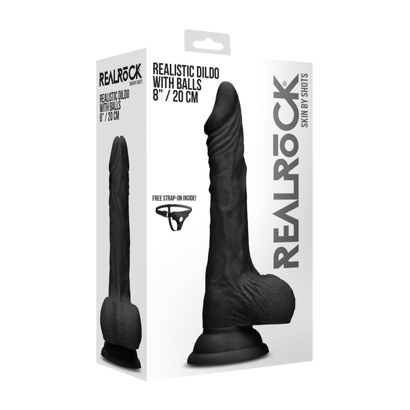 RealRock Skin Realistic 7 in. Dildo With Balls & Strap-On Harness Black
