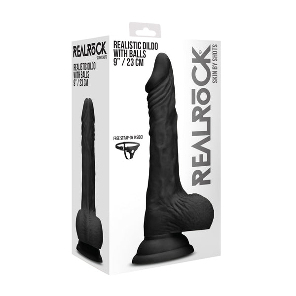 RealRock Skin Realistic 9 in. Dildo With Balls & Strap-On Harness Black