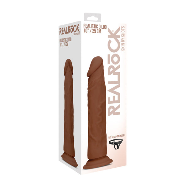 RealRock Skin Realistic 10 in. Dildo With Strap-On Harness Brown
