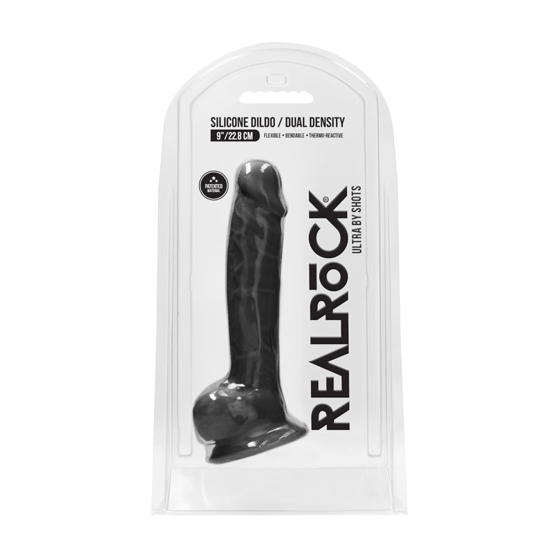 RealRock Ultra Realistic Dual Density Silicone 9 in. Bendable Dildo With Balls Black