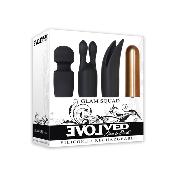 Evolved Glam Squad Rechargeable Bullet Vibrator With 3-Piece Silicone Sleeve Set Black/Copper