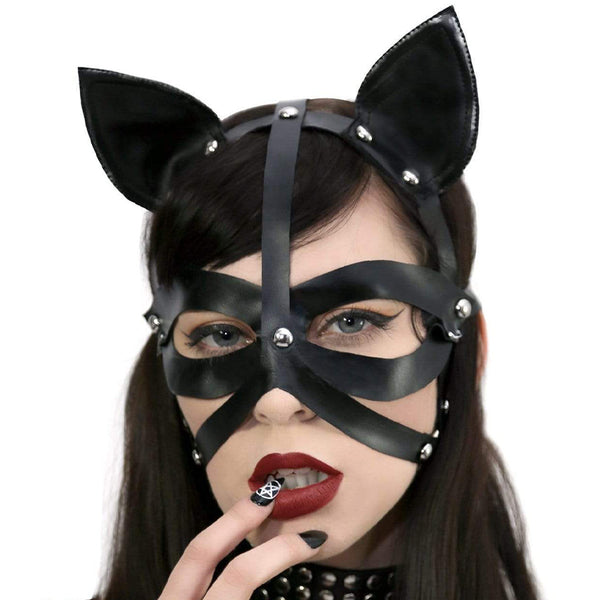 Wet Look Harness Cat Mask Black