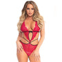 Scalloped Lace Teddy w/Cross Straps and Panty S/M Fuchsia