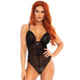 Scalloped Trimmed Sheer Ruched Lace Up Teddy with Cross Over Back Straps M/L Black